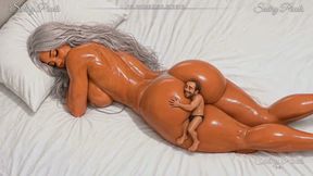 Giantess Lying on Her Stomach Kicks Her Feet up as a Tiny Man Hugs Her Butt