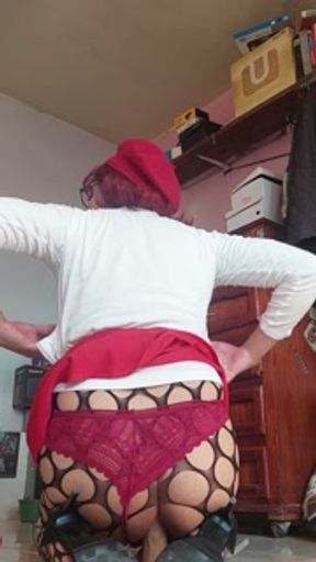 Sissy in chastity and her 8" dildo (vertical) 1/3