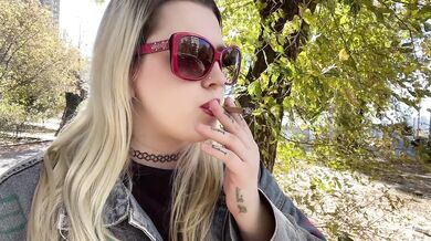 Beautiful Slavic Blonde Goddess Smoking Cigarette Outdoors In A Pretty Fall Landscape Destroyed Gushing Choked