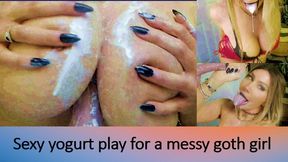 Sexy, messy SLOSHING with yogurt for goth girl on live cams - Ahegao, titty play, BJ, dildo riding