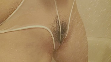 Asian MILF in shower with see through panties