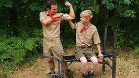 Scout Leader Greg McKeon Helps Bony Youngster Dude Work On His Еndurance Outdoors - Dudes At Camp