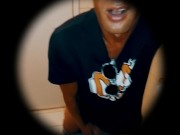 Beach bar toilet - Suntanned young guy wanking