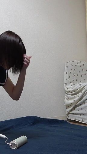 Short Student Uniform, Mini Skirt, Thong Panties and Socks, Skinny and Big Ass Serious Japanese Girl Cleaning Apartment