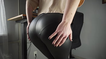 Secretary In Tight Leather Pants Visible Panty Line Tease 4K