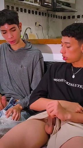 Two Straight Friends Jerking Their Big Cocks While Looking at Each Other Until They Cum