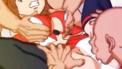 Watch this anime babe gag on a cock while getting double-teamed in bondage sex