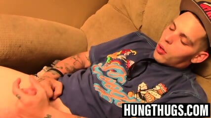 Tattooed thug teases small dick till it cums