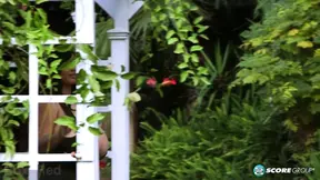 Outdoor beauty shows off her huge natural tits and pussy