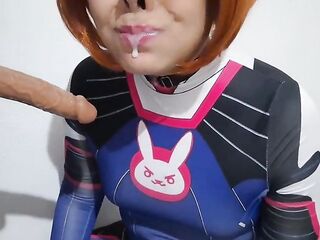 Trans cutie with Dva Cosplay and SADOMASOCHISM Nosehook Giving a Oral-job, Eating Cum and Deepthroat to Large Sextoy