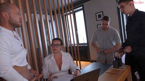 Oksana, the slutty secretary, gets gangbanged in an office sex party
