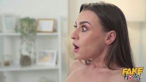 18+ Young backpacker drinks special potion which makes her tits grow huge!
