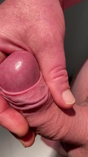 Edging His Big Cock Head with His Own Foreskin Until He Cums