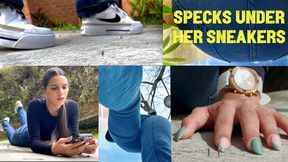 SPECKS UNDER HER SNEAKERS - Gigantic Andrea flattens and sits on Micropeople