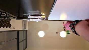 Flexible hot wife in the kitchen does gym training at home by spreading legs and taking her panties off under her mini skirt