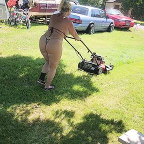 Got back to find wife mowing in a thong bikini, her ass and thighs jiggling with every step