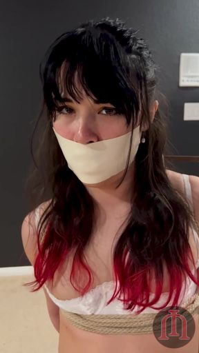 Trans babe tied up and made to cum