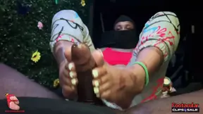 Latina seductress snatches cum from black man's feet in a white van