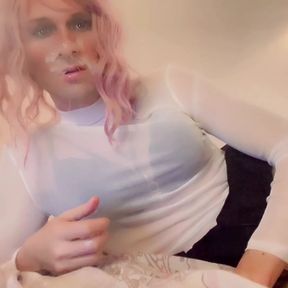 pathetic sissy cums all over face with bbc dildo in ass while on cam