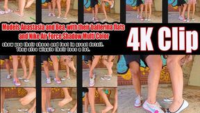 4K 60 fps | Models Anastasia and Bea Toe Wiggling, with their ballerina flats and Nike Air Shadow Multi Color, show you their shoes and feet in great detail. They also wiggle their toes a lot.