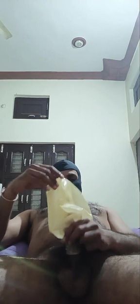 Solo Man Masturbating Using Big Balloon and Cumming on Stomach Before Going to Bed...