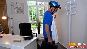 Hot blonde German secretary Anny Aurora thinks her new boss is the delivery guy and lets him fuck her plump ass and puffy tits and warm pussy to orgasm