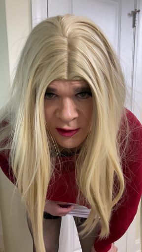 MILF Crossdresser in black thigh high stockings and heels talks fetish talk while wearing a pussy over her cock like a shemale