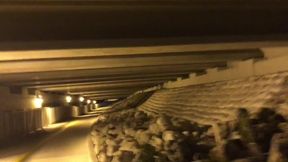 Streaking naked under the bridge at night - Big dick outside