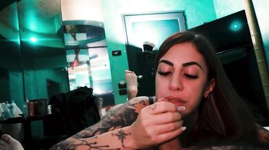 Marika Milani rough motel footjob and blowjob with italian cum in mouth