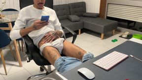 Skinny guy in jeans, pulls his dick out and jerks off on webcam.