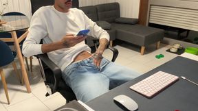 Skinny guy in jeans, pulls his dick out and jerks off on webcam.