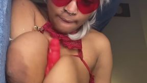 Big Titty ebony babe Suckles Huge Toy between fat Natural Boobs Dildo Sucking deepthroating Nipple Areola Worship Candid Titty Worship POV