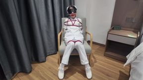 Helpless Chinese Nurse Cosplay Girl in Strict Spread Bondage - White Stockings & Intense Struggle 46 Min