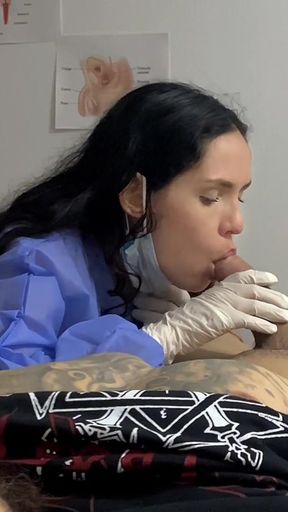 A big ass doctor sucks it on me in the hospital office, I in her hands.   Clip 2