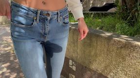wetting jeans on public street and walking outdoor pee fetish desperation