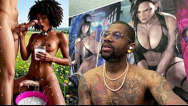Transgender ebony beauty milks big cock while getting ass fucked by