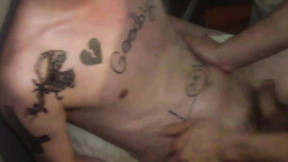 Tattoed gay sucks meat & moans while barebacking on top