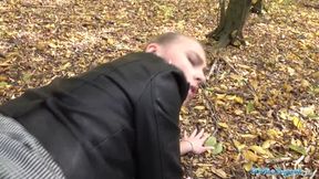 gets her shaven pussy fucked outdoors