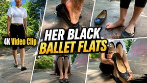 4K Video Clip | Angelina’s Black Ballerina Flats Shoeplay – Barefoot Soles, Toes & Slip On Off Close-Ups