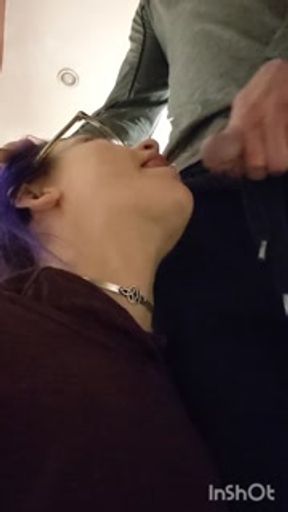 pixie with her fat tongue out waits next to Master while He's pissing then licks the dripping tip