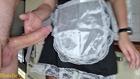 Real couple's hot blonde maid gives a sloppy deepthroat blowjob while