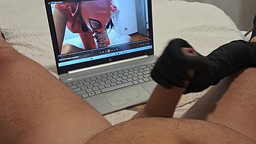 Milf jerks off a big cock until he cums on her gloves POV