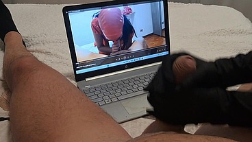 Milf jerks off a big cock until he cums on her gloves POV