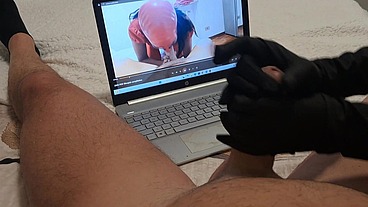 Milf jerks off a big cock until he cums on her gloves POV