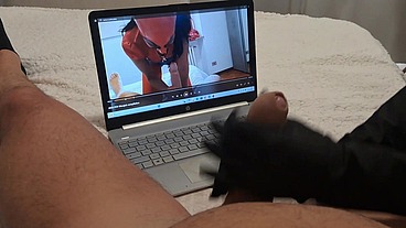 Milf jerks off a big cock until he cums on her gloves POV
