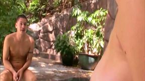 He Is Lying by the Pool When She Sits on His Cock