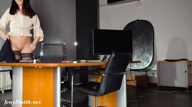 Jeny Smith watch her videos with a guy and teasing him. Got naked for the fan and show him a pussy