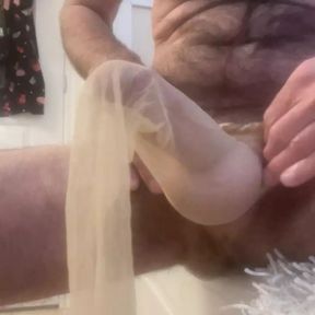 Many Colors of stockings on hard penis and some throbbing