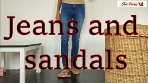 Jeans and sandals: shoejob, cock trampling