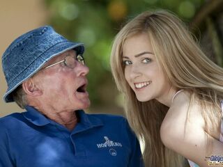 Nice-looking teen sucks grandad outdoors and that babe swallows it all